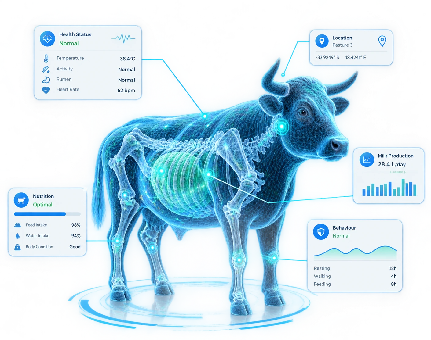 Digital twin of a cow with health, nutrition, location, milk and behaviour overlays